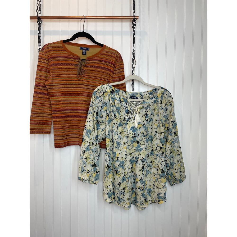 Chaps Blouses Floral Lace-Up Top & Stripe Lace up Neck Top Bundle Size M